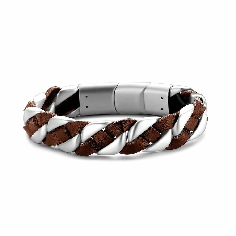 Pulsera de Cuero Marrón con Eslabones de Acero