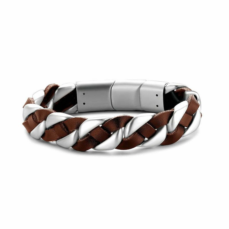 Pulsera de Cuero Marrón con Eslabones de Acero