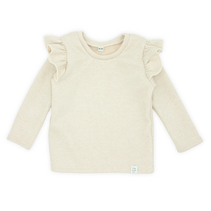 Beigefarbener Rüschen-Strickpullover mit silbernem Lurex