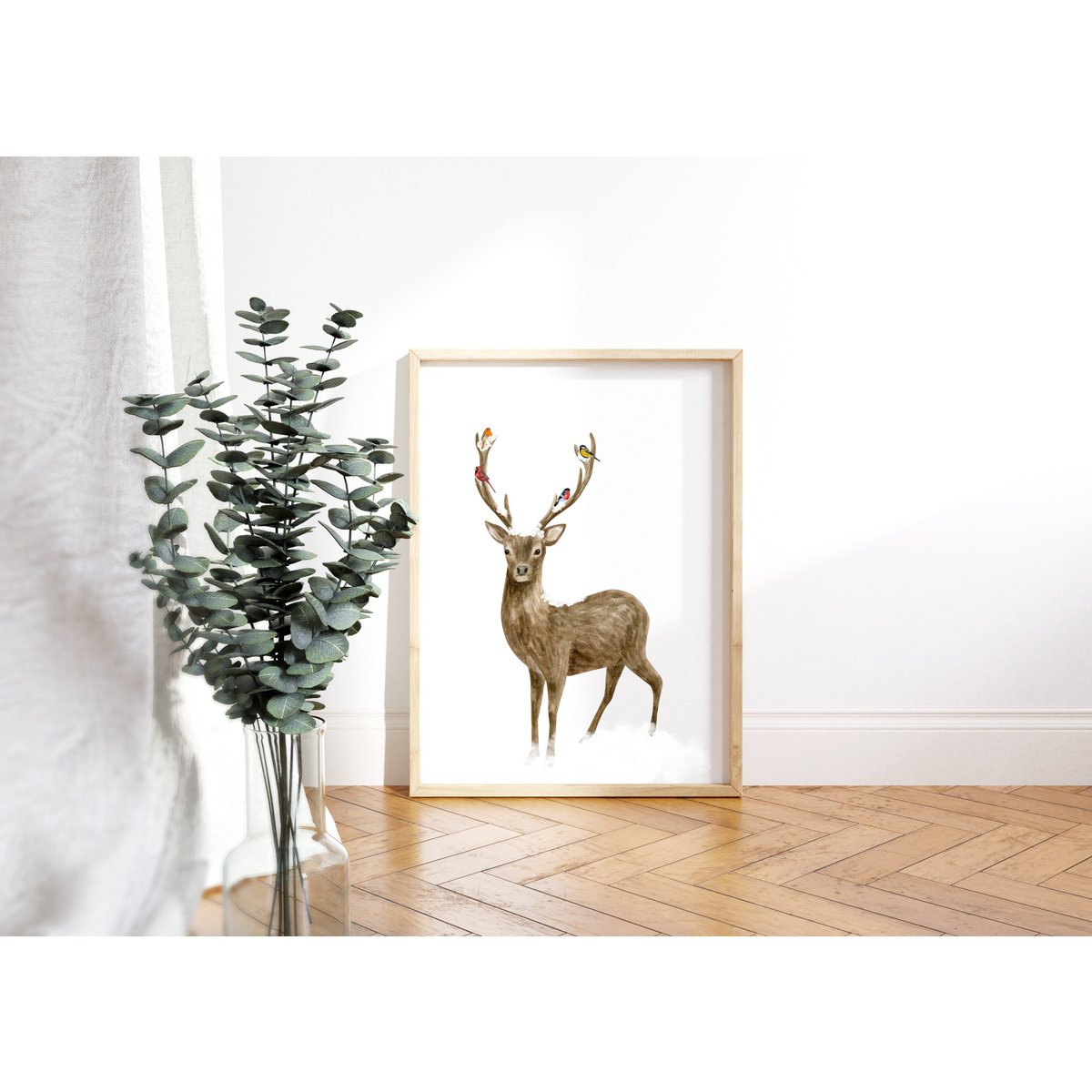 Deer and birds poster, botanical Christmas poster, deer poster, Christmas print, reindeer Christmas decor, Christmas poster