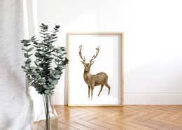 Deer and birds poster, botanical Christmas poster, deer poster, Christmas print, reindeer Christmas decor, Christmas poster