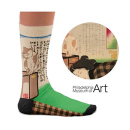 Beige and black socks with a graphic design featuring a person canceling a subscription. The socks have a casual, humorous style.