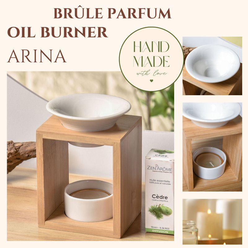 Quemador de perfume Serie Naturea - Arina - Quemador de cera perfumada - Difusor de aceites esenciales y fragancias para el hogar - Portavelas de aromaterapia de bambú y cerámica