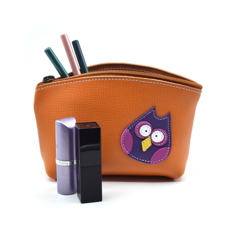 Violeta the Owl Orange Leather Makeup Bag
