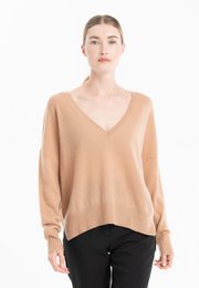 NAMI 23 Kaschmirpullover mit V-Ausschnitt und kamel-/beigefarbenem Band