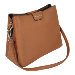 Camel-colored leather handbag with a simple, minimalist design and a detachable shoulder strap.