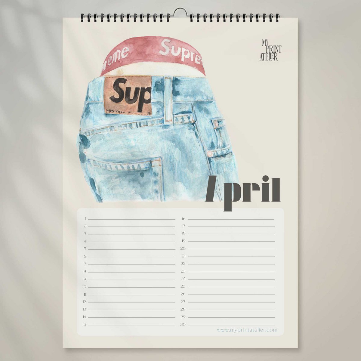 Kalendarz urodzinowy - Lista życzeń Streetwear - Styl streetwear i tenisówek - A4 - Perpetual - Ręcznie rysowane - Papier premium
