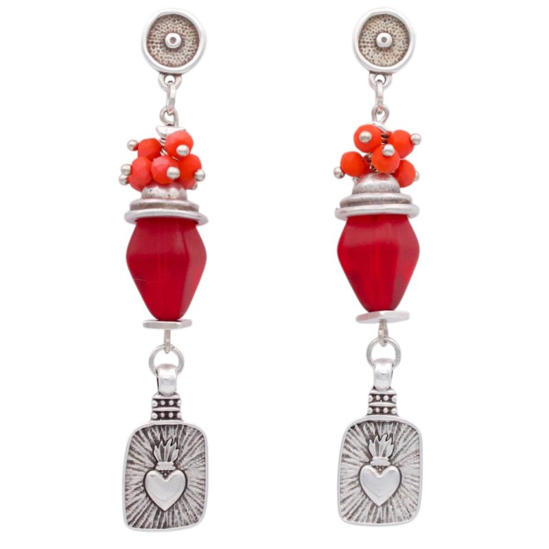 Orecchini con perline rosse del Sacro Cuore - Stile messicano Milagro
