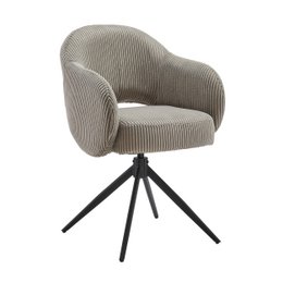  Upholstered gray armchair with a swivel base and a curved, rounded backrest.