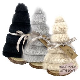  Plush faux fur Christmas tree ornaments in beige and gray, handmade with love and featuring a decorative ribbon.