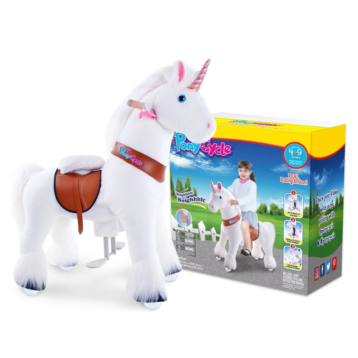 PonyCycle Ride on Toy White Unicorn | Leeftijd 4-7 | Plush Animal Riding Toy | Klassieke u beste geschenken