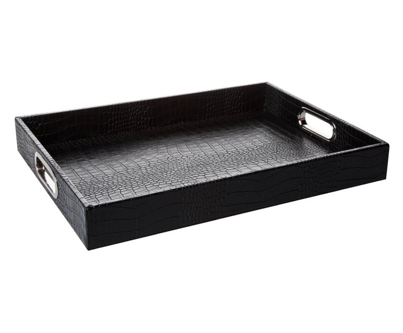 Plateau rectangulaire avec poignées en acier inoxydable noir crocodile