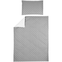 Grey duvet cover and pillowcase set with a diamond pattern design, suitable for a baby's bedstead. Made of high-quality materials for comfort and durability.