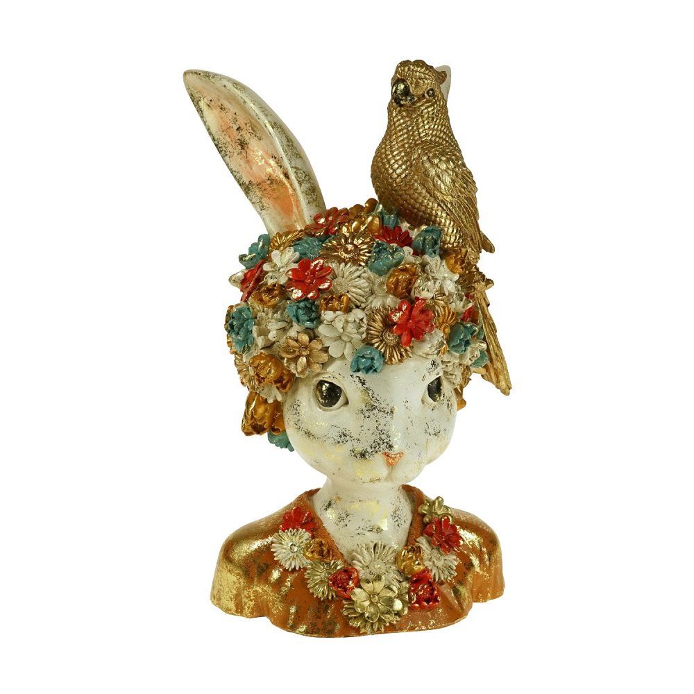 Konijnenbuste Wanda met vogel, kleurrijk, polyresin, 22x19x34 cm