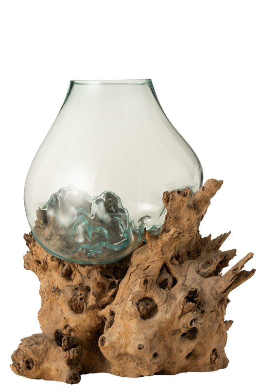 J-Line Vaas Xl Op Voet Gamal Hout Gerecycleerd Glas Naturel Transparant