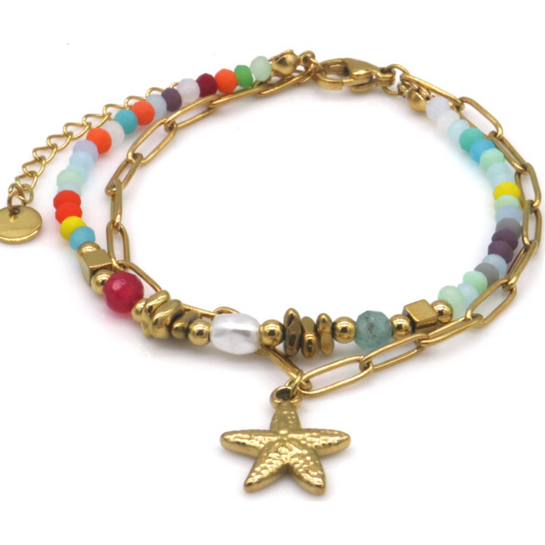 A-A6.5  B2539-033-5 S. Steel Bracelet Glassbeads Starfish Multi