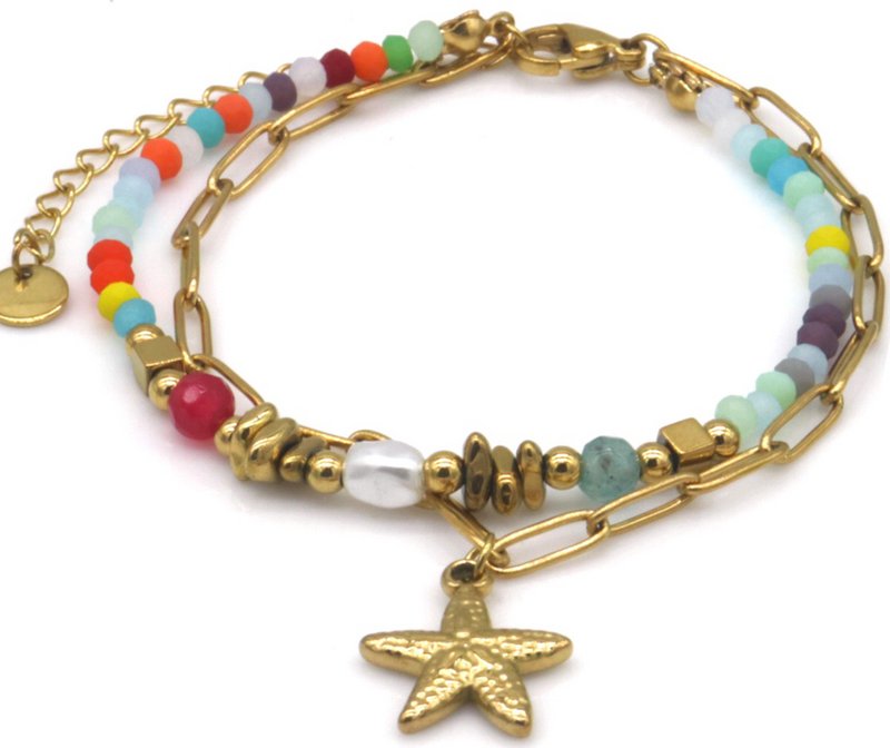 A-A6.5  B2539-033-5 S. Steel Bracelet Glassbeads Starfish Multi
