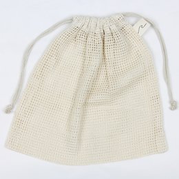 A medium-sized cotton mesh bag for bathroom accessories. The bag has a drawstring closure and a simple, minimalist design.