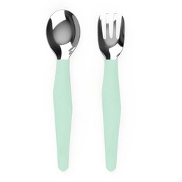 Mint green children's cutlery set with 2 pieces - a spoon and a fork. The cutlery is made of stainless steel with a mint green silicone handle for a comfortable grip.