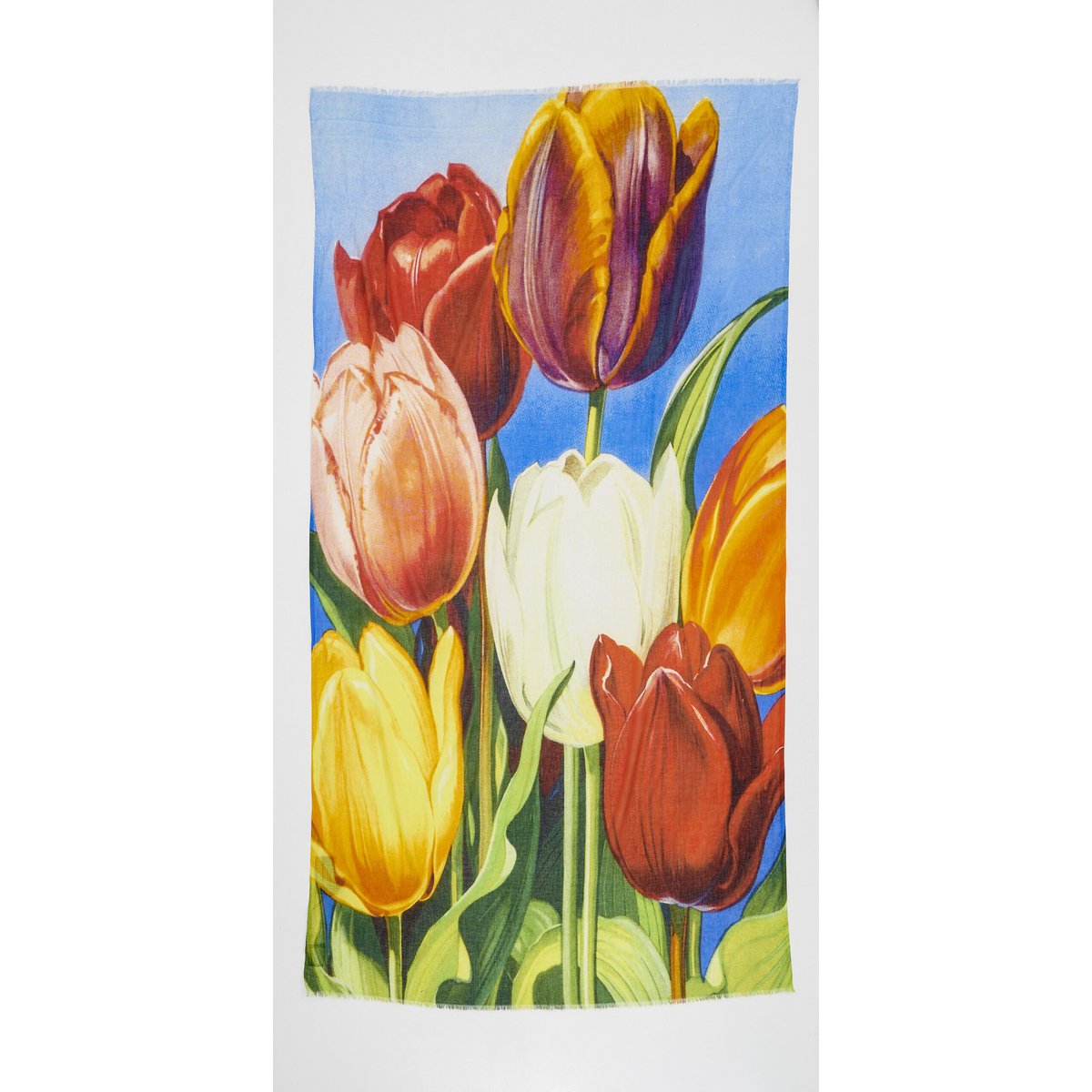 4549 – Wickelschal aus Baumwolle – Otra Cosa – Mehrfarbige Tulpen auf Blau – 4549