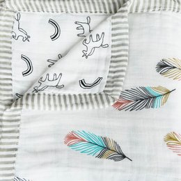 Soft, cozy bohemian-style baby blanket with colorful feather and moon/star patterns. Made of high-quality materials for comfort and durability.