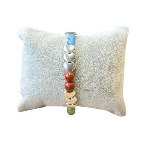 Women's bracelet with a mix of natural stones 6 mm and silver-colored hearts
