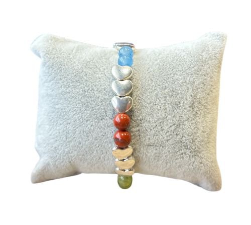 Women's bracelet with a mix of natural stones 6 mm and silver-colored hearts