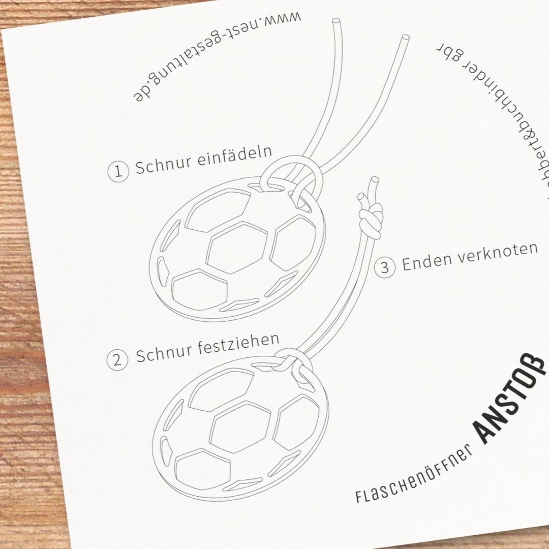 Bottle opener made of stainless steel · motif soccer · with cotton cord + 2 beer mats