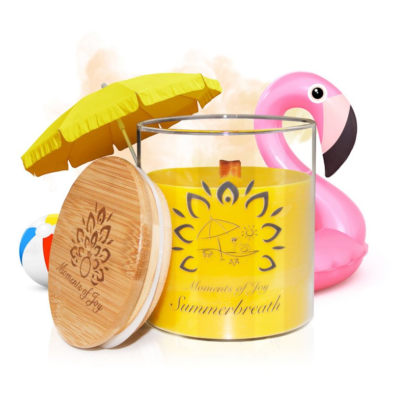 Decorative candle with a tropical scent of sun cream & crackling wooden wick - summerbreath