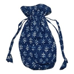 Navy blue floral print drawstring bag, white botanical pattern, fabric gift wrap.