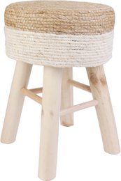 Round jute stool - Ø 30 x 42 cm - Wooden stool - bohemian stool with wooden legs - Multifunctional for living room, bedroom & hall - Durable stool - Brown/White