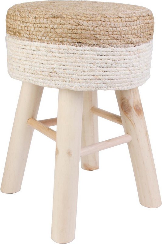 Round jute stool - Ø 30 x 42 cm - Wooden stool - bohemian stool with wooden legs - Multifunctional for living room, bedroom & hall - Durable stool - Brown/White