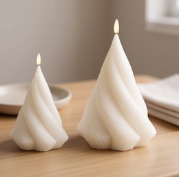 White spiral twisted LED candles, tall cone shape, modern decorative flameless candles set.