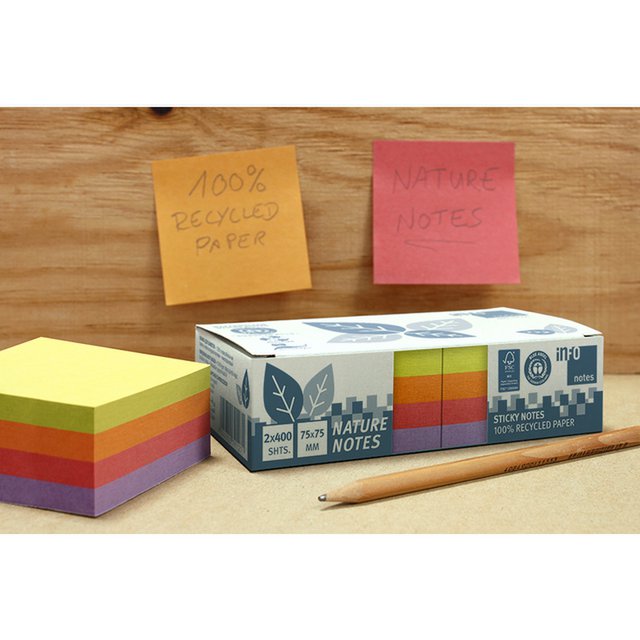Info notes 75x75mm, 2 x 400 blaadjes, 4 kleuren, blauwe engel.