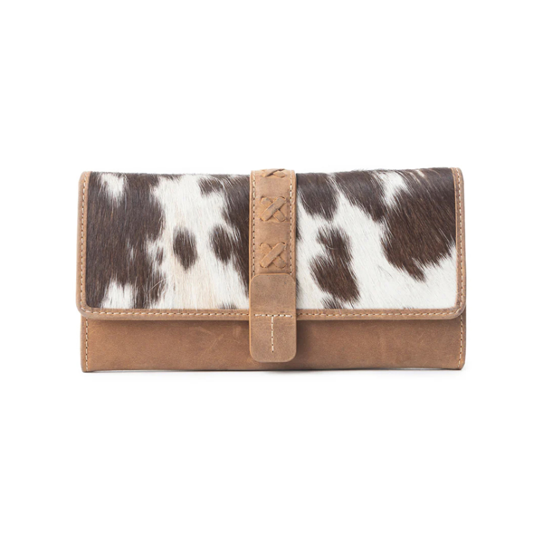 Handmade “Wind Rider” Leather & Hair-on-Hide Wallet – Artisan Tooled Western Clutch in Saddle Brown