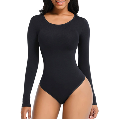 Bodysuit Shapewear - Black - Round Neckline - Long Sleeve