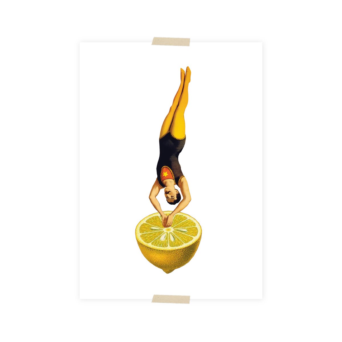 Postcard collage acrobat diving into lemon