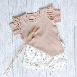 T-Shirt Volants Jersey Côtelé Rose Nude
