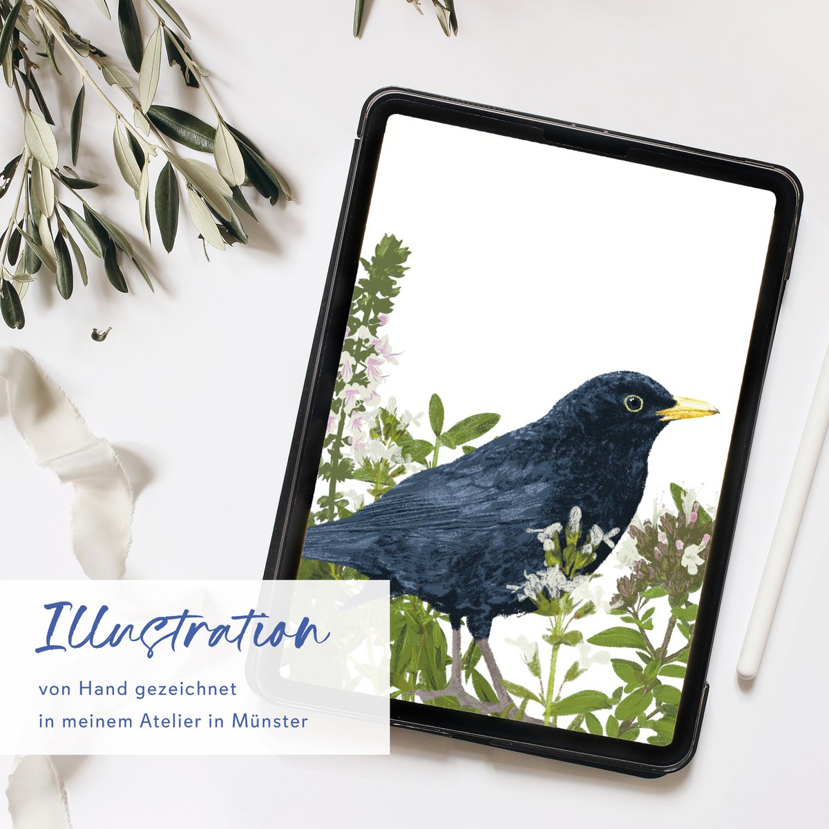 Geburtstagskarte 'happy birthday' mit Vogel und Wildblumen