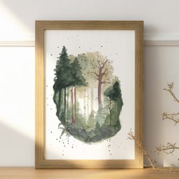  Forest illustration watercolor trees nature woodland landscape poster postcard