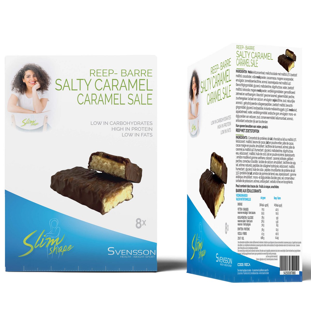Protein bar flavor Salty Caramel, Box with 8 chocolate bars