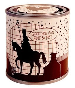 Blikje met tekst ''Groetjes Sint & Piet'' gestreept 7,3 bij 7,7 cm blikje is leeg zodat je het zelf kunt vullen.