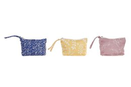 Cotton necessity bag, 17x6x13 inches, available in 3 assorted colors - navy blue with white floral pattern, yellow with white floral pattern, and light pink with white floral pattern. Suitable for toiletry storage.