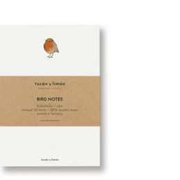  A6 sized notepad with a robin bird illustration on the cover, made of recycled materials.