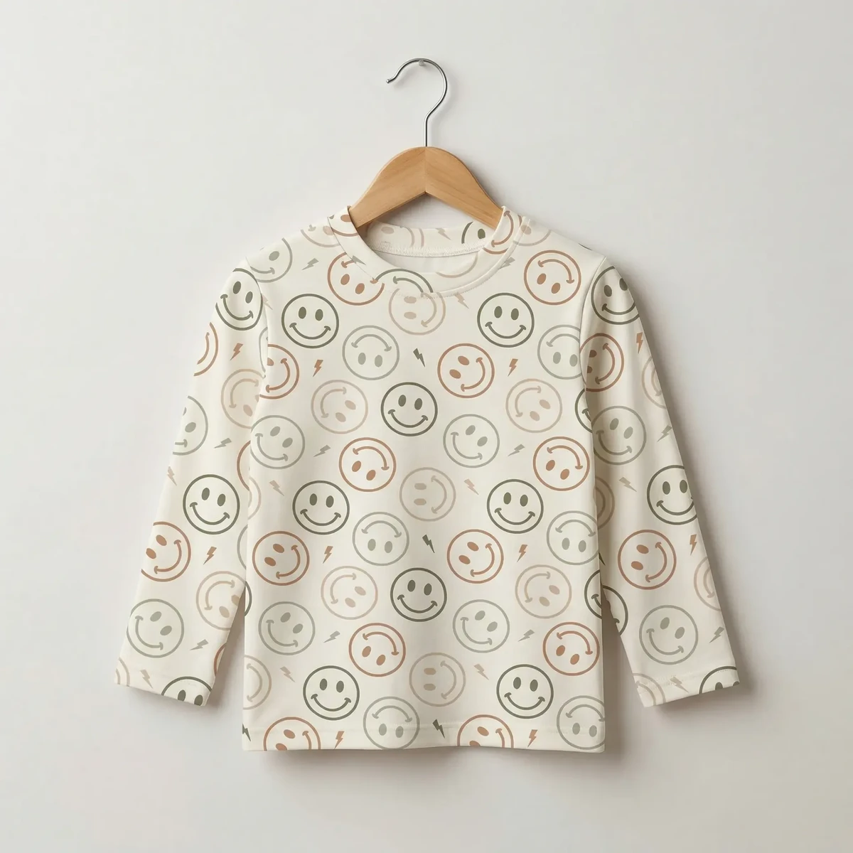Beige Kids Long Sleeve T-shirt with Smiley Print