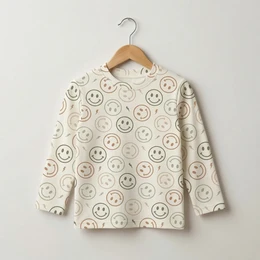 Beige Langærmet T-shirt til børn med smileyprint