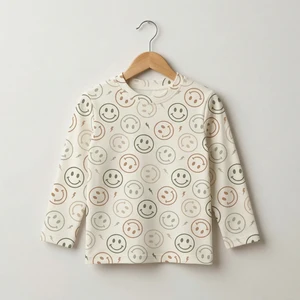 Beiges Kinder-Langarm-T-Shirt mit Smiley-Print