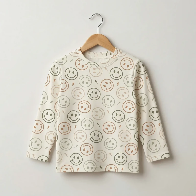 Beige Langærmet T-shirt til børn med smileyprint