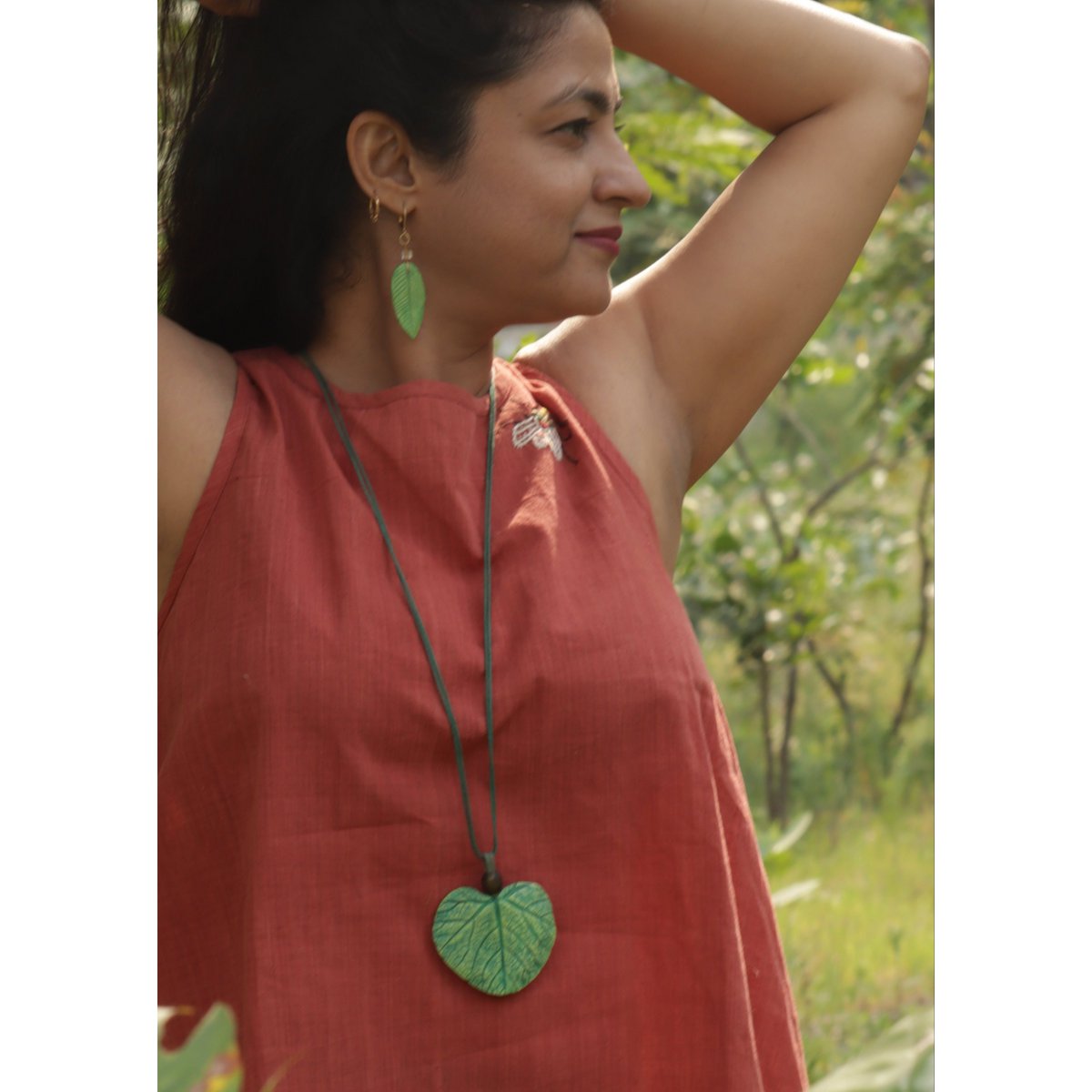 Pendant Necklace | Papier mache Leaf Handmade Hand-painted