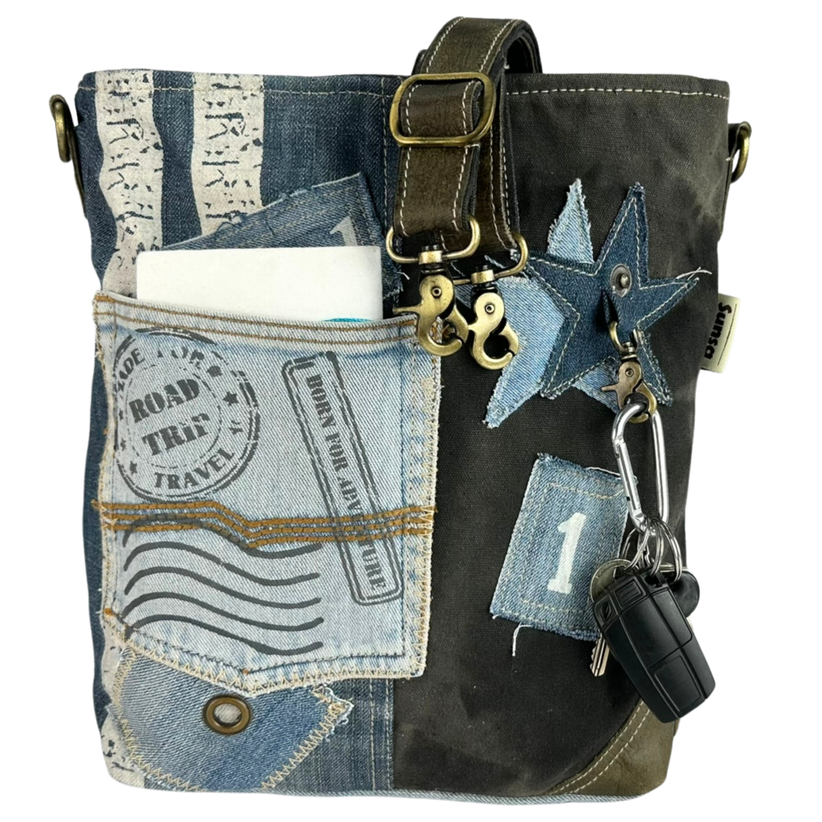 Sac bandoulière femme Sunsa. Sac bandoulière en jean et toile upcyclés. Sac à main style rétro vintage. Sac bandoulière pour femme.